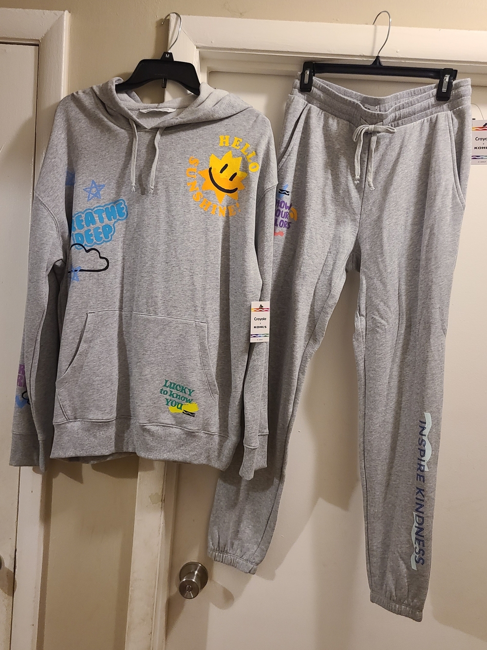 Kohl's Grey Graphic Hoodie & Joggers Set with Yellow Sun Smiley